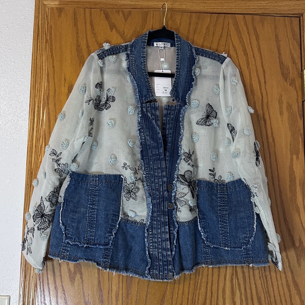 Adore Blue Embroidered Mixed Media Jean Jacket - NWT - Size M oversized